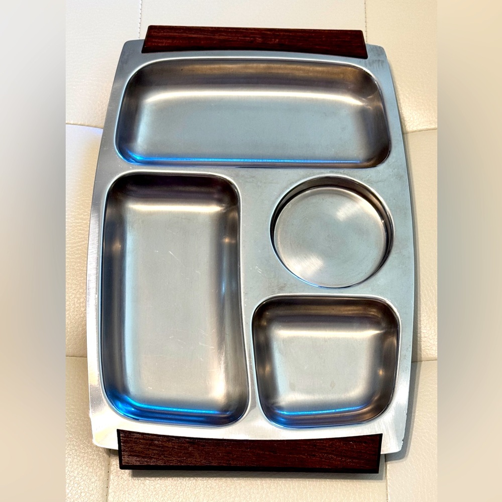Vintage MCM Stainless Steel KH design Metal Divided Serving Tray teakwood handle